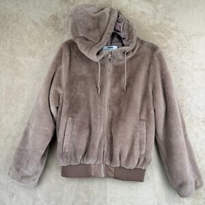 Ci Sono By Cavalini Teddy Jacket Womens L Brown Faux Fur Hoodie Zip‎ Cozy Bomber